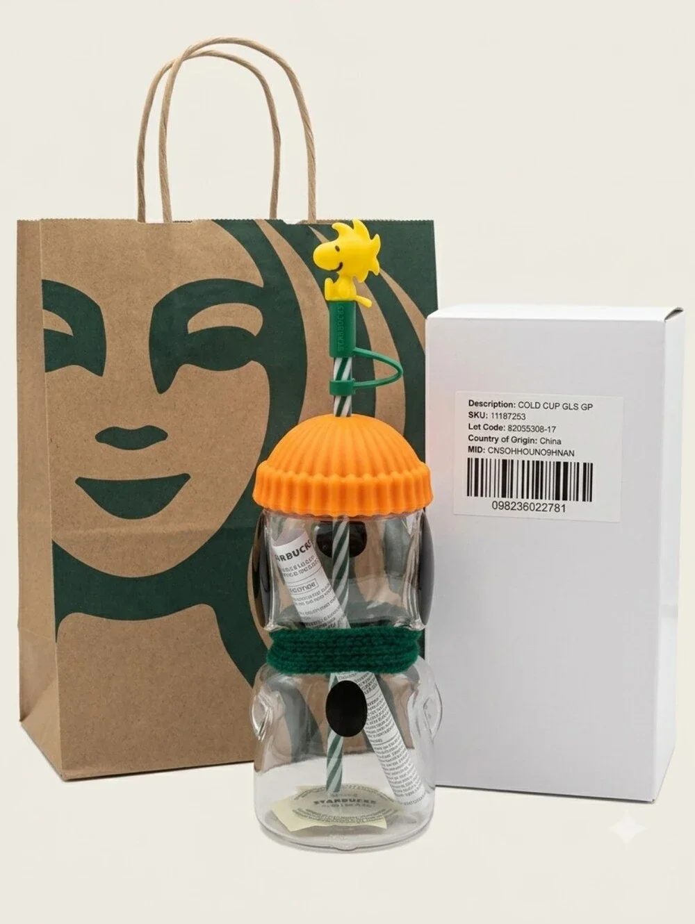 NWT Starbucks Peanuts Snoopy Glass Cold Cup Woodstock Straw